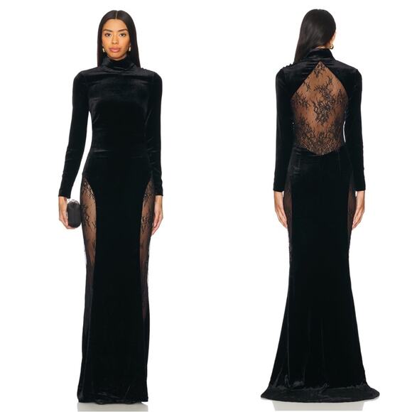 Retrofete Amor Velvet Lace High Neck Sheer Long Sleeve Black Maxi Dress Size XS - Picture 2 of 11